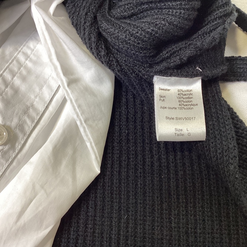 Elan Size L Black Ribbed Sweater Vest White Button Down Mixed Media Mini Dress - Picture 4 of 8